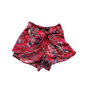 Floral Mini Skirt Skort Shorts Women Size XS Paisley Red Blue Wrap Style Tie Bow